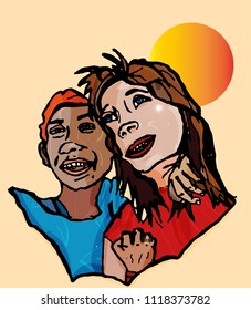 man and woman happy in a relationship married drawing in a vector