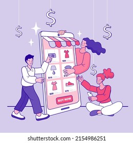 Man and woman happy with shopping on mobile. Shopping online. Consumer View, Choose and Buy Fashion Items on Ecommerce Marketplace on Computer Screen Concept. Digital marketing. Vector illustration.