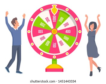 Man and woman happy to win money in fortune wheel vector, couple playing games. Gamblers raising hands up, people with slot machine in casino flat style