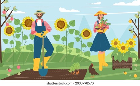 Man and woman harvest in the garden, farmers in the village. Vector illustration in flat cartoon style.