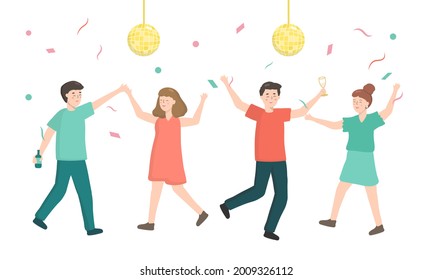 Man and woman has dance party at home. Birthday party decoration with disco ball and shoot colorful confetti. They drink liquor and juice.