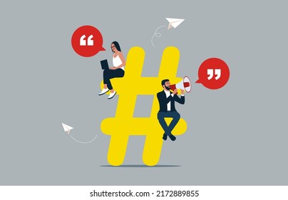 Man and woman with hashtag icon-Social media marketing.