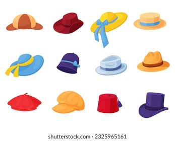 Sombrero de hombre, sombrero de vaquero y de caballeros. Accesorios de la culata, tapa y cilindro. Accesorio de playa de verano para chicas, panama vintage, actualmente vector clipart