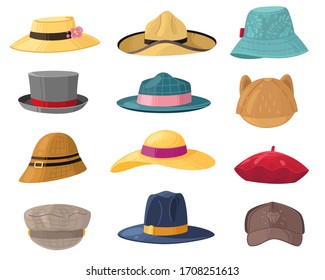 Man and woman hats. Fashion headwear for ladies and gentlemen, vintage and classic headdress beret, cap, beach panama trendy hat vector set