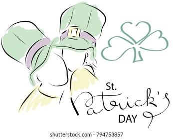 Man and woman in hats Leprechaun, shamrock. The inscription is handwritten by St. Patrick's Day. Colored, vector illustration.