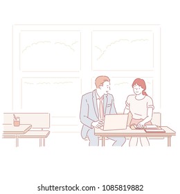 The man and woman have business meetings at the coffee shop. hand drawn style vector doodle design illustrations.