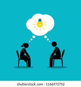 man and woman have common idea for pondering, couple of people are sitting on chairs, pictogram of a man, stick figure of human silhouettes