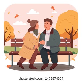 Man and woman have a date in the park. Romantic couple sitting on a bench and smiling. Two lovers spend time together. Vector illustration in flat cartoon style