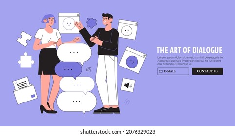 Man and woman have dialogue or conversation with speech bubbles. Art of carry dialogue in business, company or office among employees, team, managers. People or couple talk or have lively discussion. 