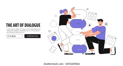 Man and woman have dialogue or conversation with speech bubbles. Art of carry dialogue in business, company or office among employees, team, managers. People or couple talk or have lively discussion. 