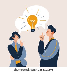 Man and woman have a great idea. Light bulb as a metaphor of idea. Couple, friends or coworkers make solution. Flat cartoon vector illustration in modern concept. 