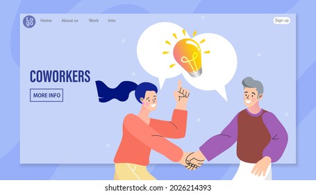 Man and woman have a great idea. Light bulb as a metaphor of idea. Couple, friends or coworkers make solution. Business teamwork. work together. Vector illustration