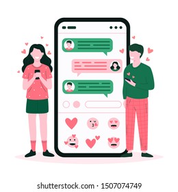 Man and woman have online love conversation on smart phone. Couple of boy and girl using mobile dating application. Vector flat illustration