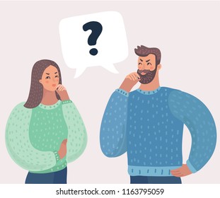 Man and woman have a question. Speech bubble. Husband and wife deal the problem using their imagination. Couple address the problem or solve the puzzle. Vector cartoon illustration in modern concept