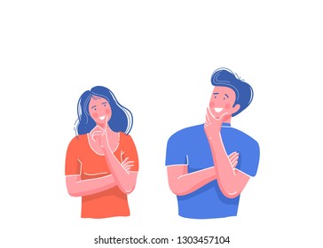 Man and woman have a question. The young girl and the young guy stand nearby having thought. A pose of the thinking person Vector cartoon illustration in modern concept