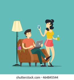 Man and woman have a rest with devices and coffee. Vector illustration.