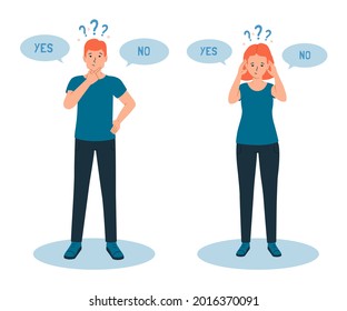 Man and woman have a sense of doubt, it is difficult to make the right choice, yes or no. The concept of cognitive dissonance. Flat vector illustration of characters and question marks.