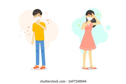 man and woman have sick, headache and sneeze cough with virus on background for vector illustration for covid-19 concept