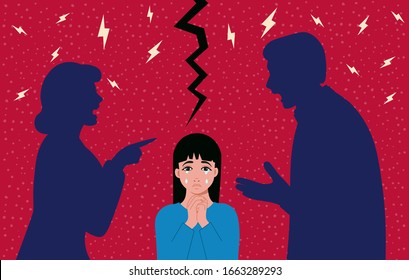 Man and woman having an argument on the ripping background with lightnings striking above their heads. Another quarrel before the divorce.The crying child standing between divorcing parents. Flat  