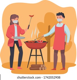 Man and woman are having bbq outdoor together while using medical mask