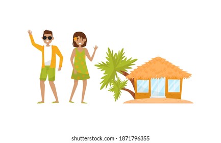 Man and Woman Having Beach Vacation and House for Resting with Thatched Roof Vector Set