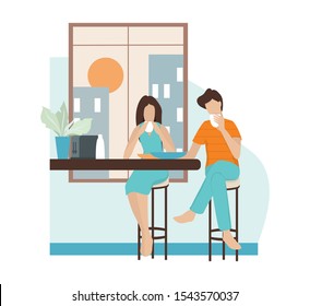 Man and woman having a breakfast in the morning. Adult female and male character eat flakes. Fresh dinner. Isolated vector illustration in cartoon style
