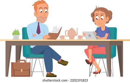 Man and woman having breakfast together. People at morning