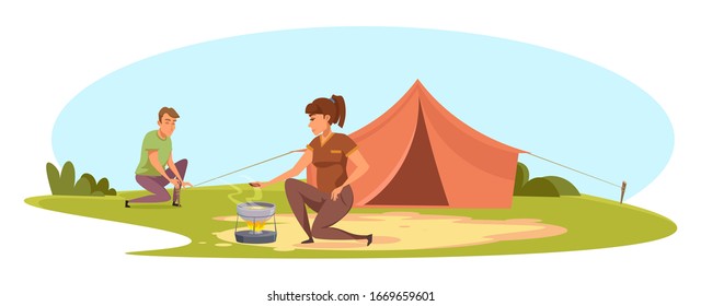 Man and woman having camping trip on nature. Young family couple travelling together. Boyfriend pitch tent. Girlfriend make fire. Rest place and bonfire at camp. Forest adventure. Vector illustration