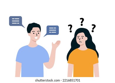 Man and woman having conversation. Confused girl with question mark above head. Misunderstanding, communication, challenge concept. Flat people character vector design isolated illustration.