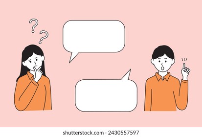 Un hombre y una mujer que tienen conversación, burbuja de habla, pregunta y respuesta simple línea vector gráfico, educación, gráfico de información