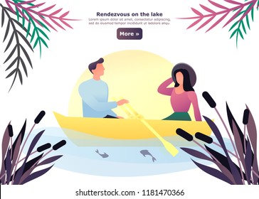 Man And Woman Having A Date At Lake. Simple Cartoon Couple Sail Ow Swim On Boat At River. Rendezvous And Appointment, Venue And Romance Between Male And Female. Relationship Theme