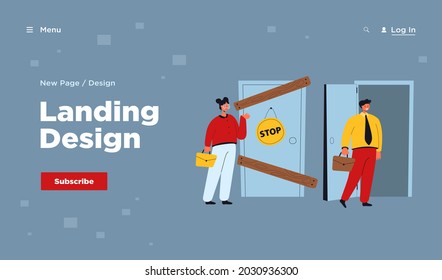 Man and woman having different business possibilities isolated flat vector illustration. Cartoon lady standing in front of close door. Woman discrimination and social inequality concept