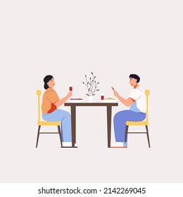 A man and a woman are having dinner. The couple laughs and drinks wine from glasses. Cheerful conversation. Dining room interior. Illustration.