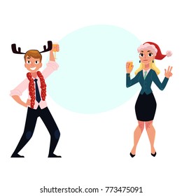 Man and woman having fun, drinking at corporate Christmas party, cartoon vector illustration with space for text. Man and woman celebrating Christmas, wearing Santa hats, drinking champagne