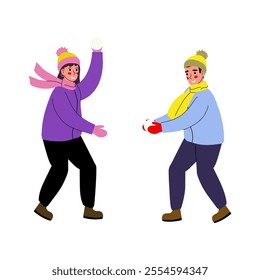 A man and a woman are having fun, playing snowballs. Winter vector illustration in flat style.