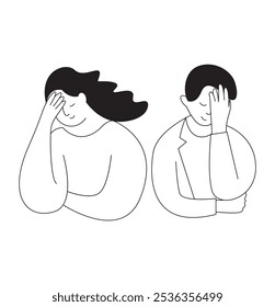 man and woman having a headache, getting dizzy. For human face expression or emotion concepts.Used to compose teaching materials in a set that expresses emotions.