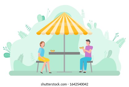 Man and woman having lunch outdoors vector, breakfast in eatery. Morning in park, characters sitting under umbrella shade enjoying meal on terrace