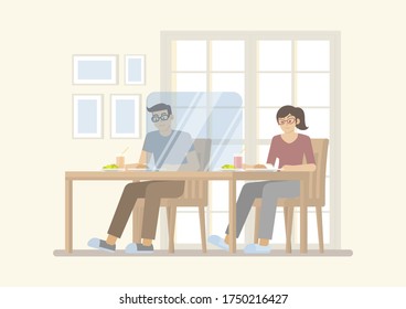 Man and woman having meal on table with transparent partition for protecting covid-19 infection, in restaurant interior, social distancing and new normal concept in flat cartoon style