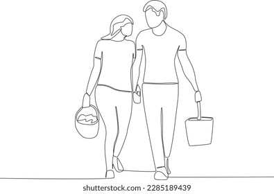 A man and woman having a picnic in the park. Park activities one-line drawing