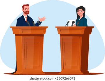 homem e mulher têm debate político atrás de pódios com microfones