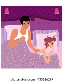 Man and woman having problem in bed at night. Sex relations. Family Psychology. Vector illustration