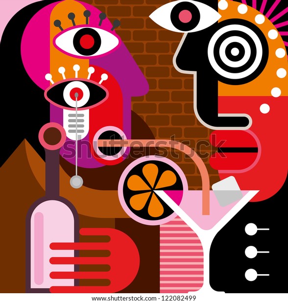 Abstract painting of a man and a woman are having a talk at the restaurant - abstract vector artwork. A woman is drinking a pink cocktail through a straw.