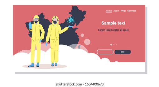 man woman in hazmat suits and protection masks to prevent epidemic MERS-CoV wuhan coronavirus 2019-nCoV pandemic medical health risk chinese map background full length horizontal copy space vector