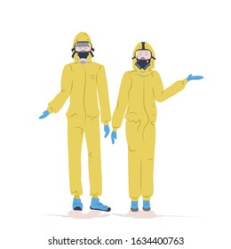 man woman in hazmat suits and protection masks to prevent epidemic MERS-CoV wuhan coronavirus 2019-nCoV pandemic medical health risk full length vector illustration