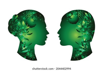 Man and woman head. Abstract couple faces silhouette with green plant leaf and nature decoration. Eco friendly design, vector illustration