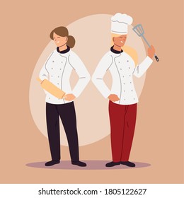 man and woman head chefs in uniform vector illustration design
