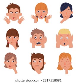 Man and Woman Head with Face Emotion and Hand Gesture Vector Set