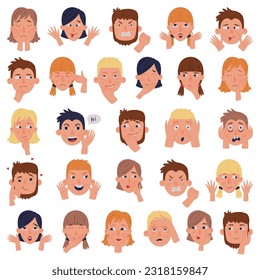 Man and Woman Head with Face Emotion and Hand Gesture Vector Set