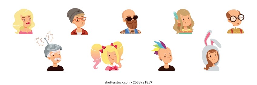 Man and Woman Head and Profile Portrait Vector Set