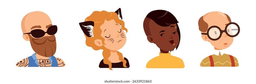 Man and Woman Head and Profile Portrait Vector Set